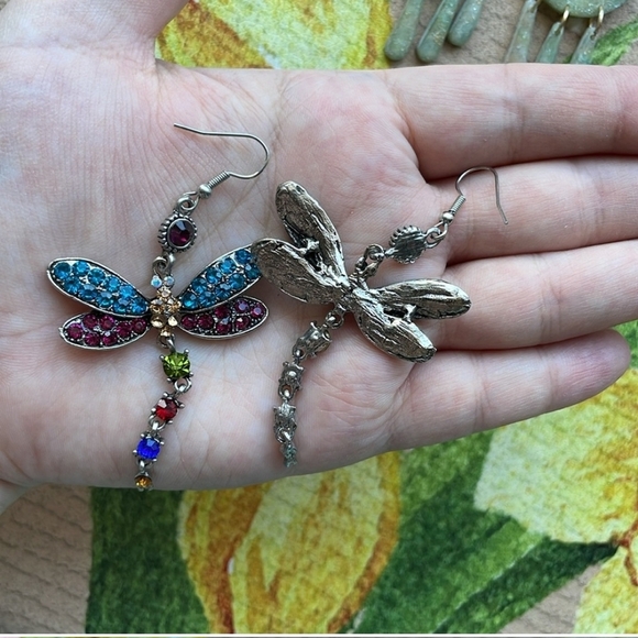 Silver Dragonfly Earrings With Colorful Rainbow Gemstone Crystals - Picture 1 of 2